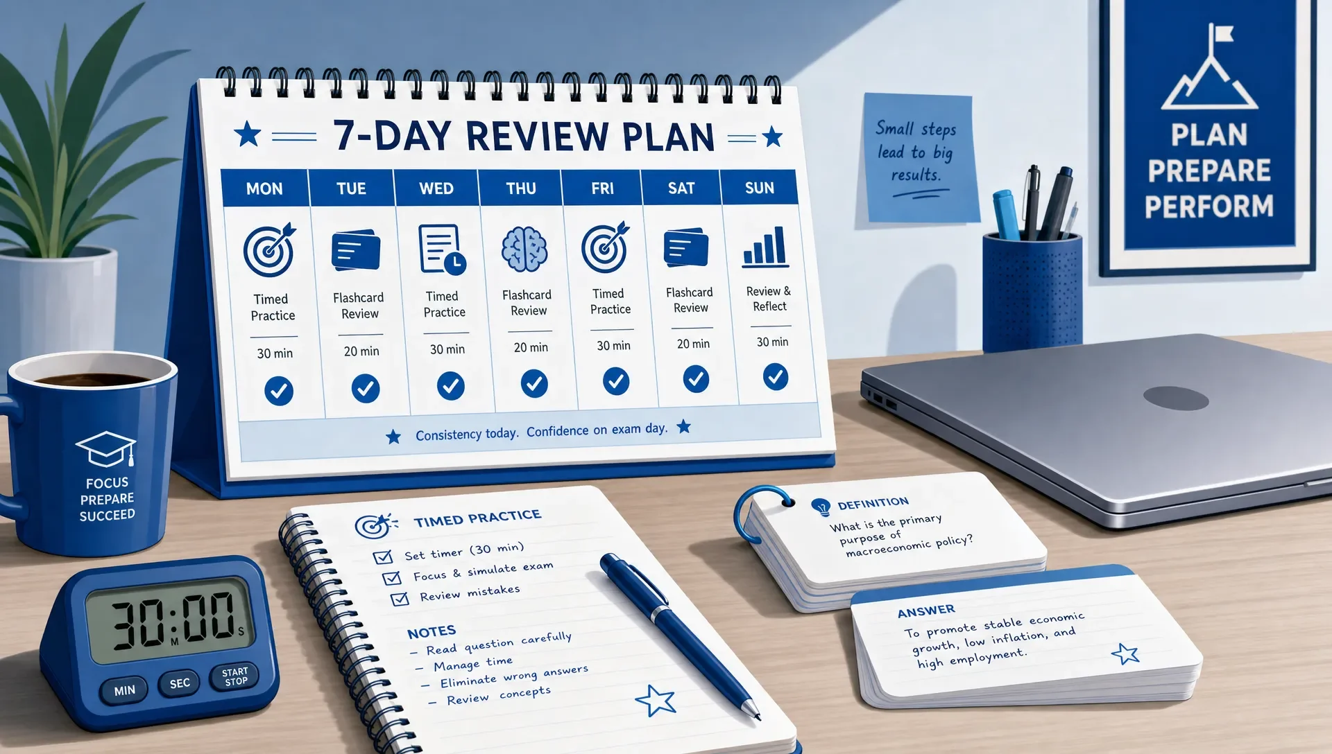 A seven-day review calendar sits beside a closed laptop, coffee and notes for timed practice and flashcard review.