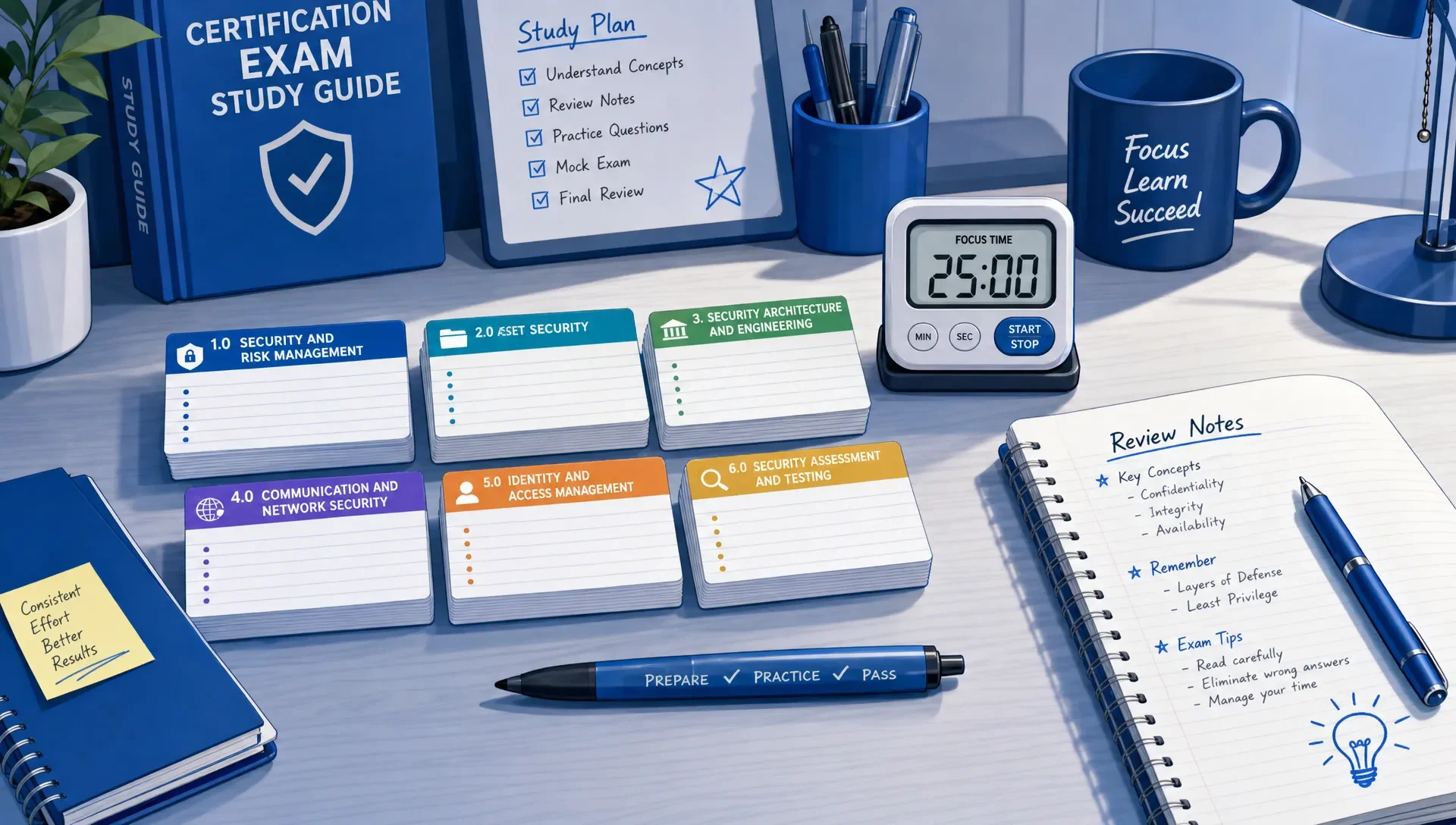 Study desk with flashcards, notes, and a timer.