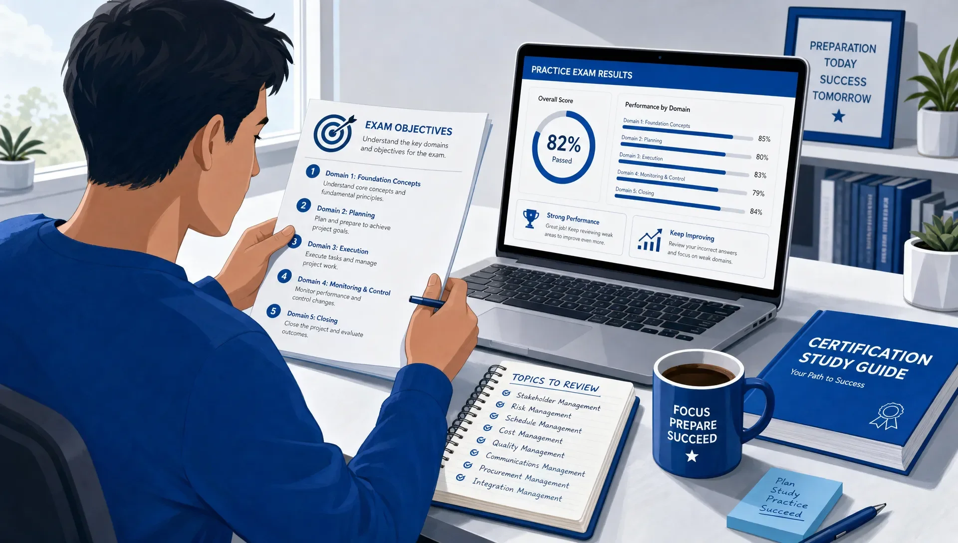 Candidate reviewing exam objectives and practice results on a laptop and notebook.