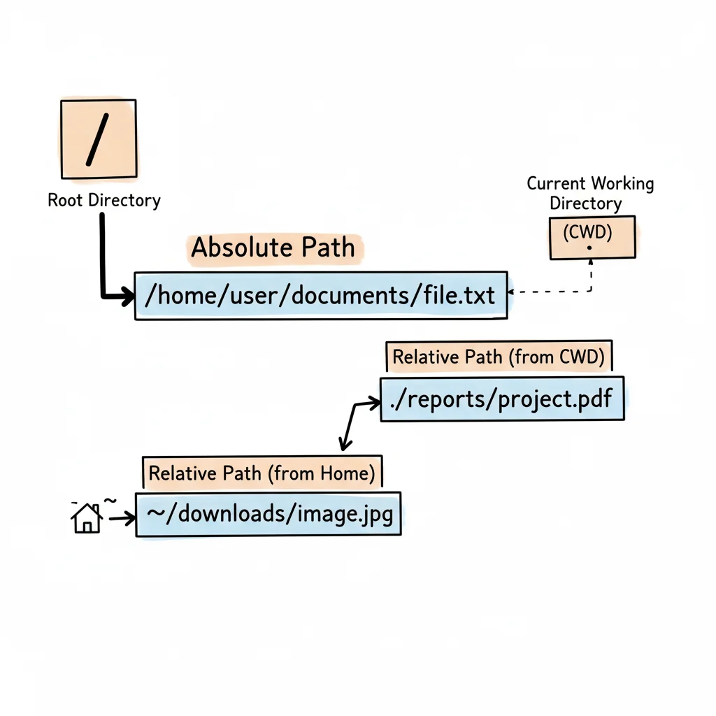 A diagram illustrating absolute and relative file paths in Unix-like systems, including root, home, and current directory symbols.