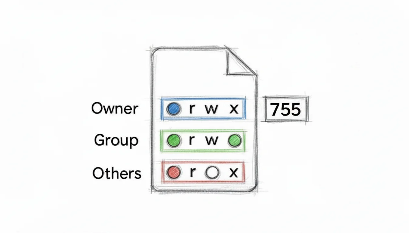A sketch illustrating Unix file permissions (chmod 755) for owner, group, and others.