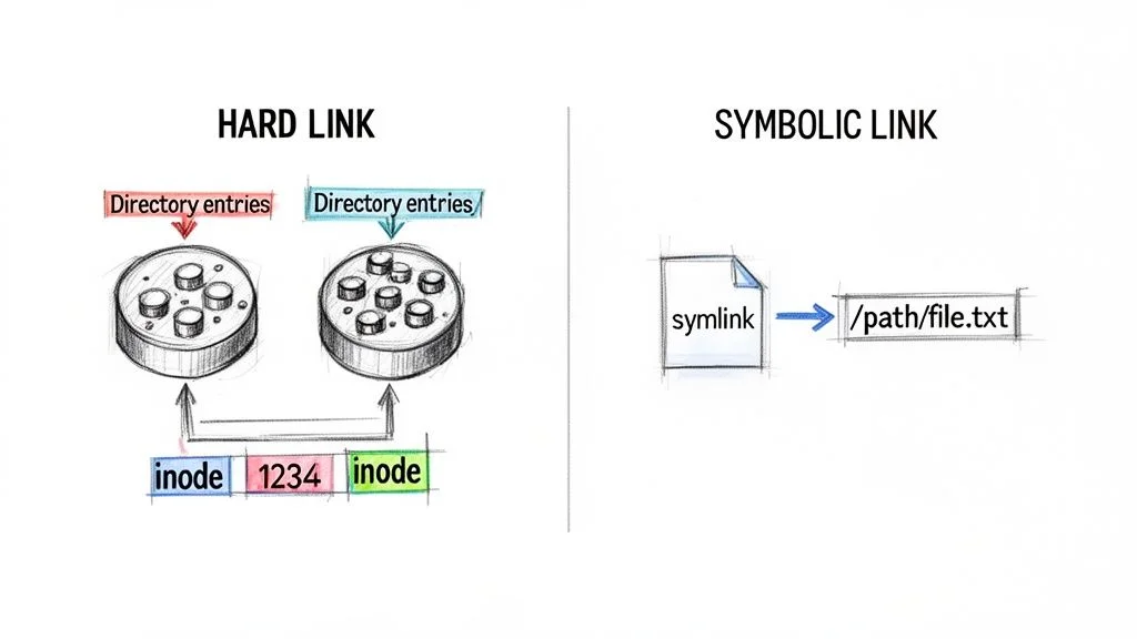 Diagram comparing hard links and symbolic links in Unix/Linux file systems.