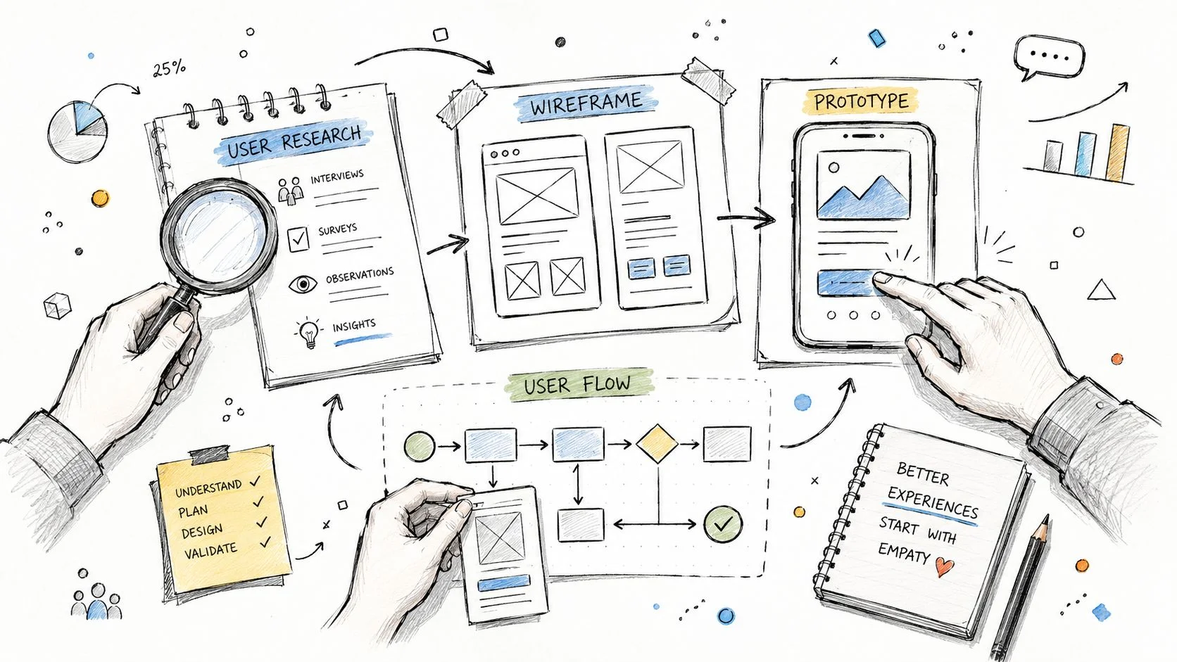Sketch showing research, wireframing, prototyping, and user flow mapping in UX design.