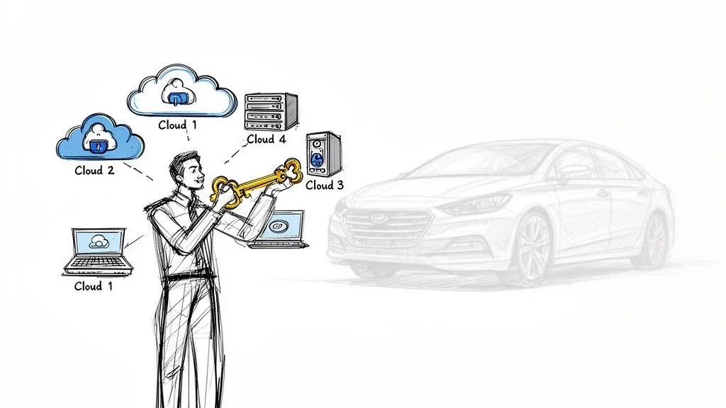 Illustration of a man holding a golden key, linking various cloud services and devices to a car.