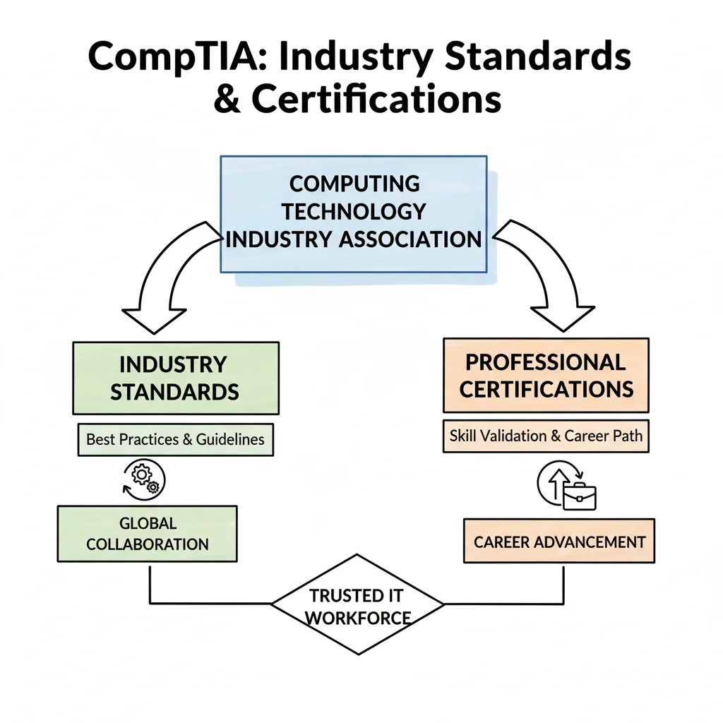 Hand-drawn globe with city skylines, two business figures, and a "CompTIA" ribbon, symbolizing global reach.