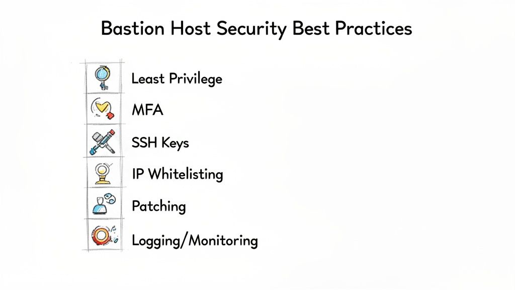 A slide outlining six Bastion Host Security Best Practices with descriptive icons.