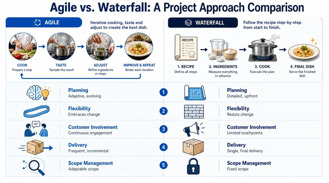 Infographic: Agile vs. Waterfall comparison with cooking analogies.