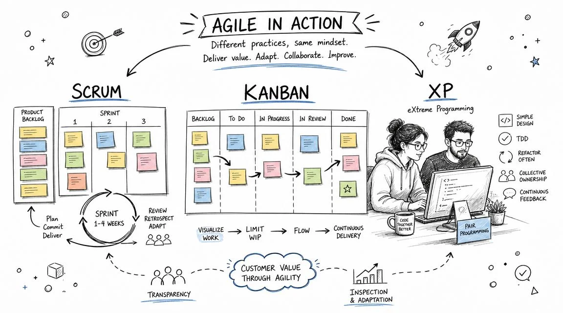 Infographic comparing Scrum, Kanban, and XP within Agile.