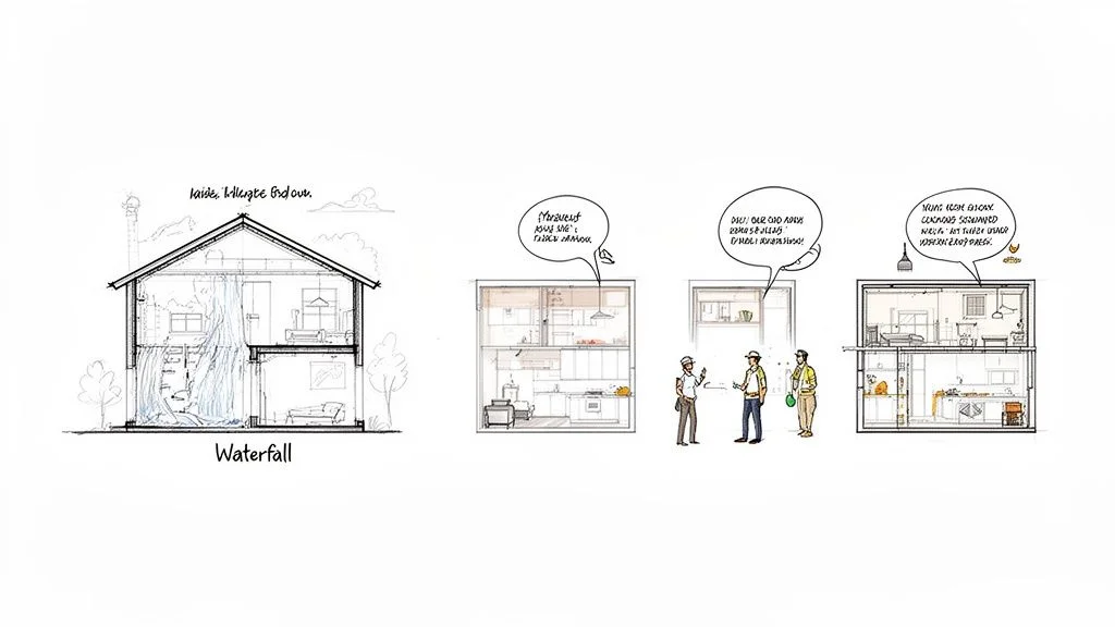 Architectural sketches of diverse house designs, including an indoor waterfall, with people discussing layouts.