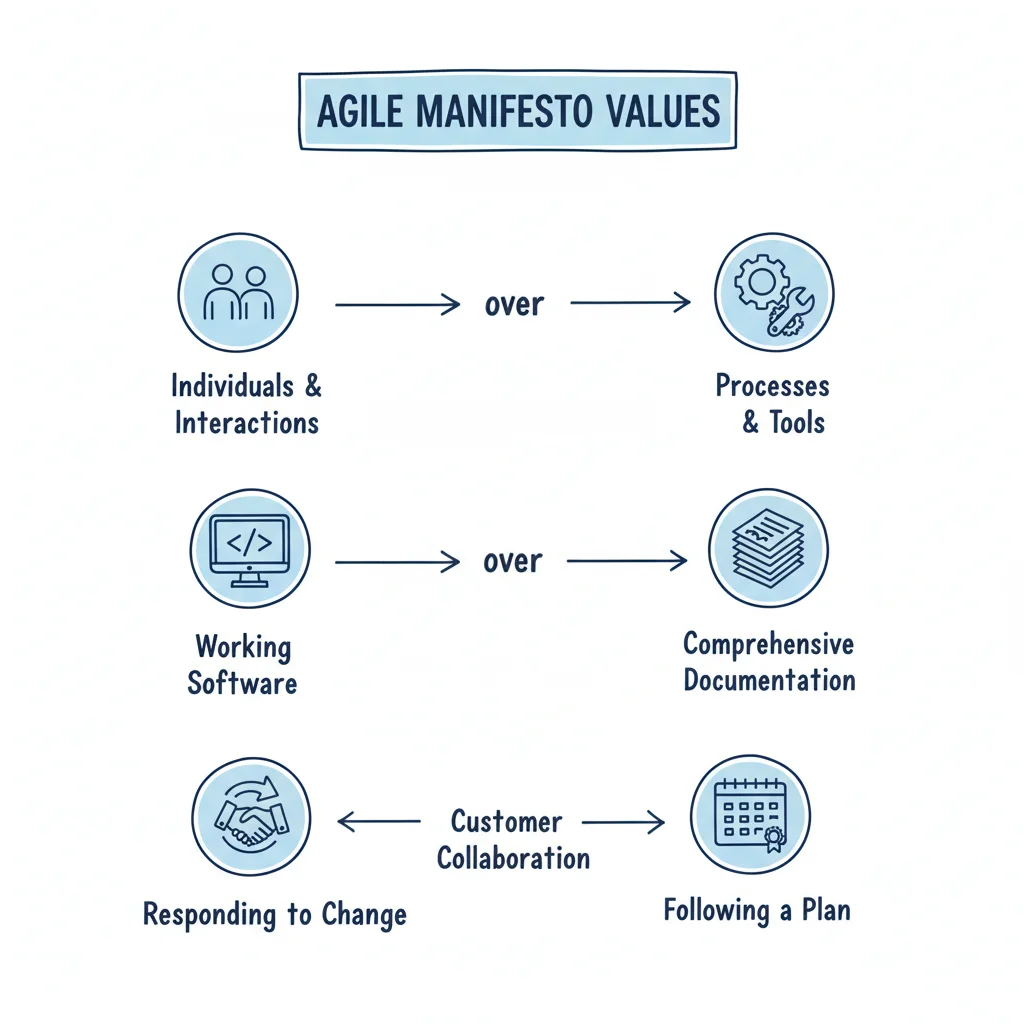 Diagram illustrating the four core Agile Manifesto values: Individuals & Interactions, Working Software, Customer Collaboration, and Responding to Change.
