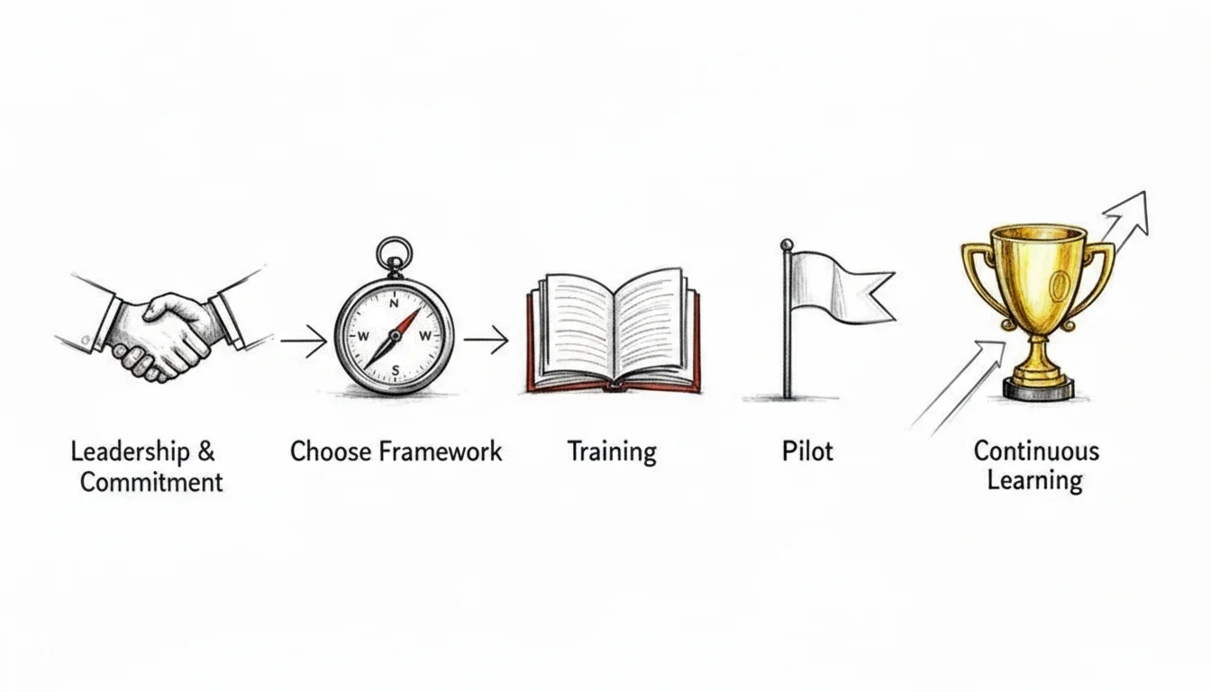 A five-step process flow with icons: handshake labeled 'Leadership, Lit In', compass 'Choose Framework', open book 'Training', flag 'Pilot', and a trophy with upward arrows 'Continuous Learning'.