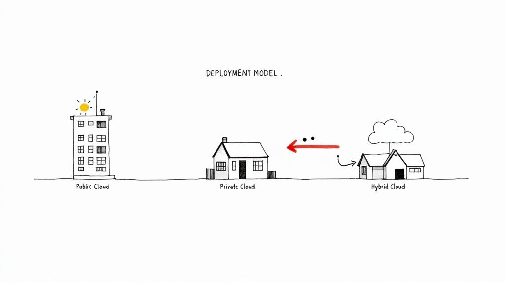 Diagram illustrating cloud deployment models: Public, Private, and Hybrid Cloud architectures.