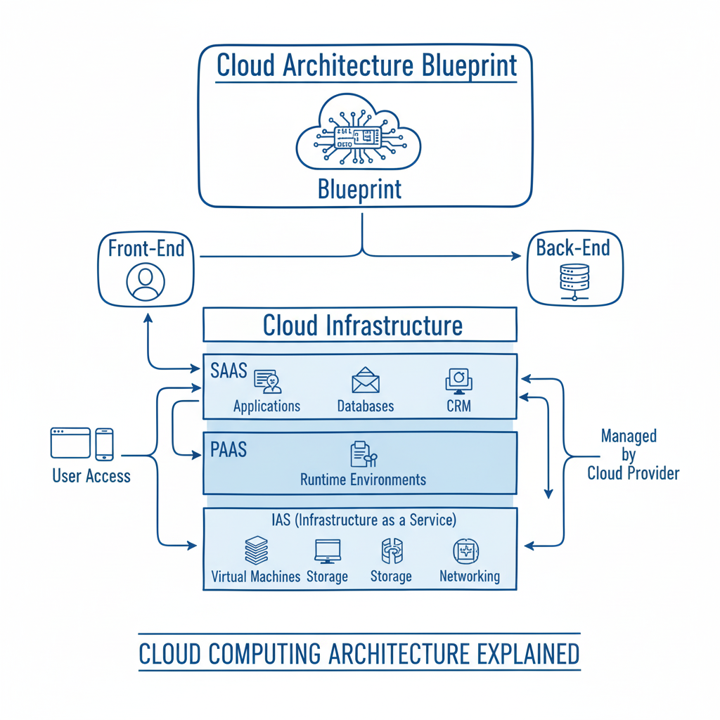 Diagram illustrating a cloud computing architecture blueprint connecting a front-end (user) and back-end (server).