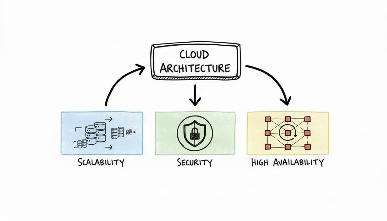Diagram showing cloud server stack connected to scalability security and high availability concepts.