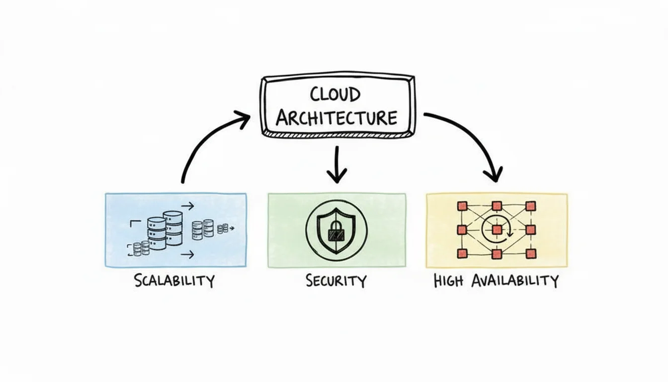 Diagram showing cloud server stack connected to scalability security and high availability concepts.