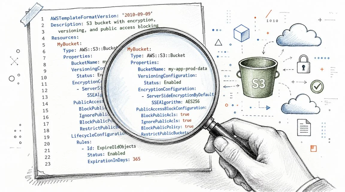 A hand holds a magnifying glass over AWS CloudFormation code for configuring an S3 storage bucket.