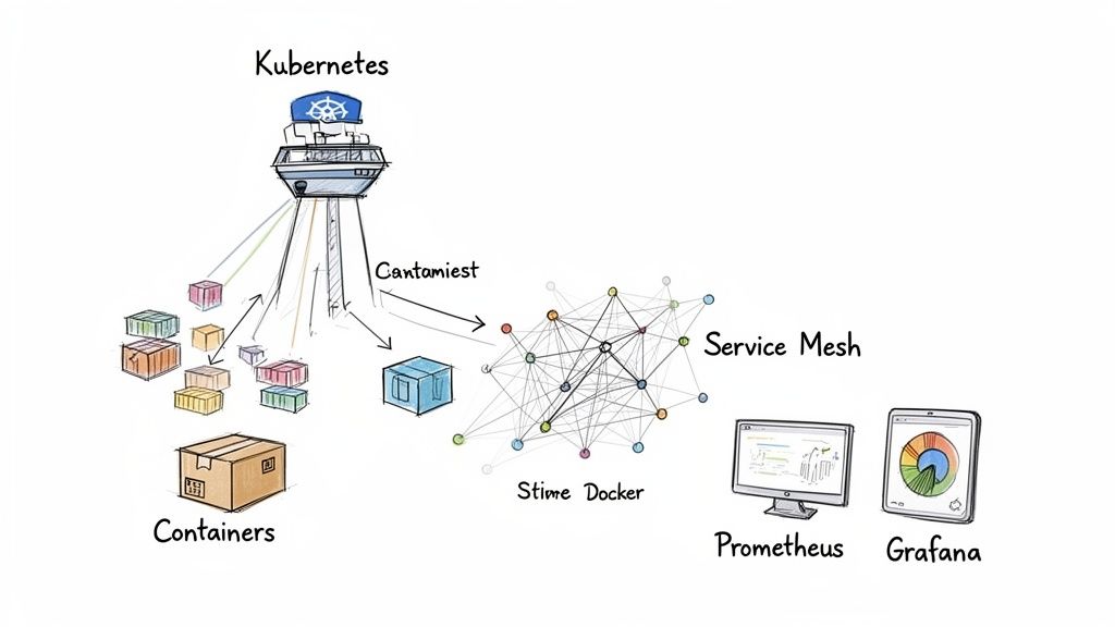 Diagram showing Kubernetes managing containers, interacting with a service mesh, monitored by Prometheus and Grafana.