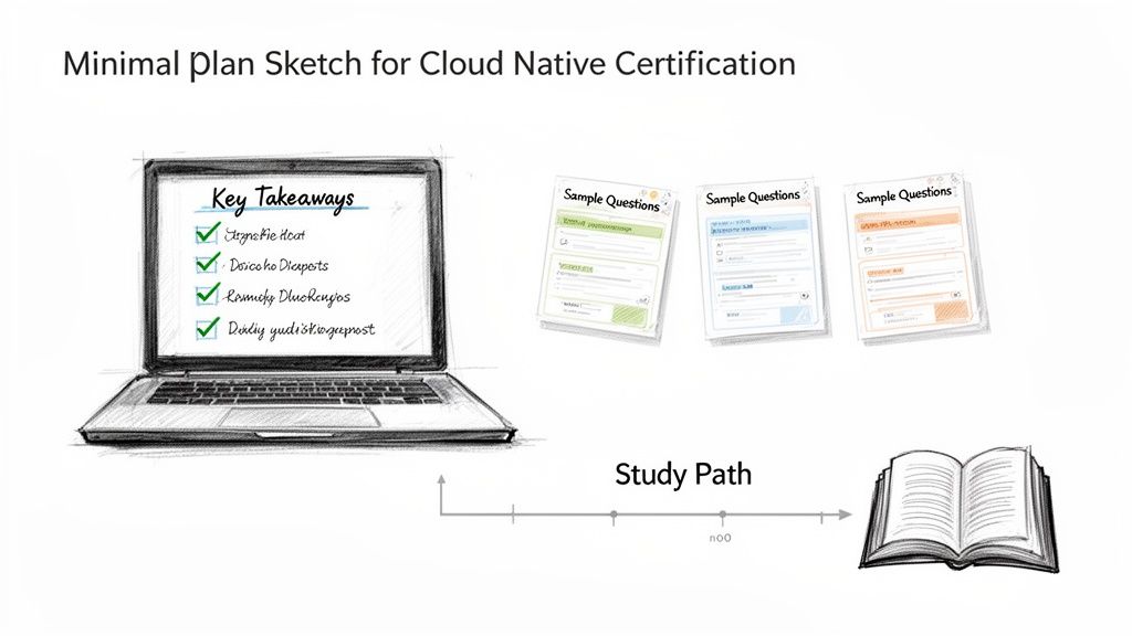 Sketch illustrating a minimal plan for Cloud Native Certification, including key takeaways, sample questions, and a study path.