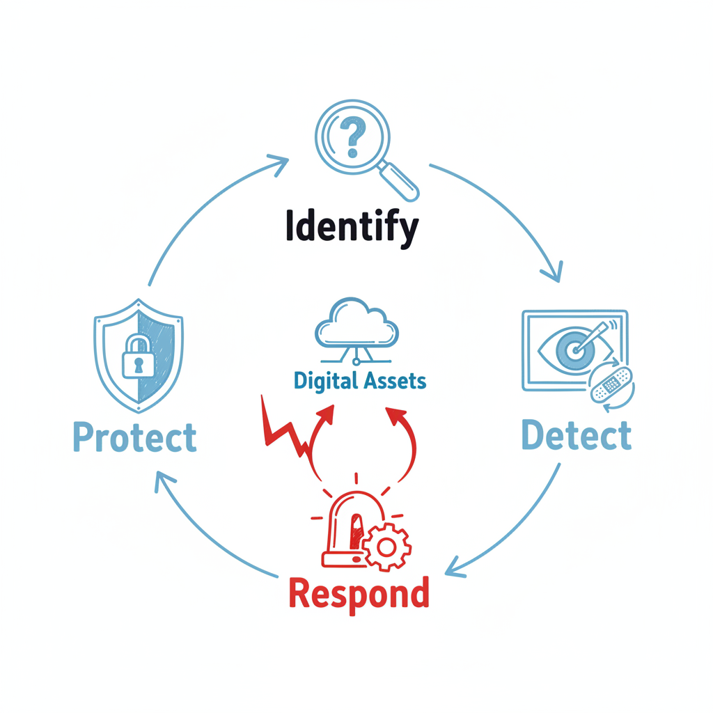 A person examining a glowing digital blueprint of a building, representing a cybersecurity framework.