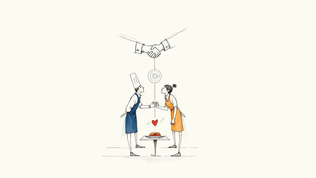 Illustration of a chef and server holding hands over food, with a handshake above, symbolizing partnership.