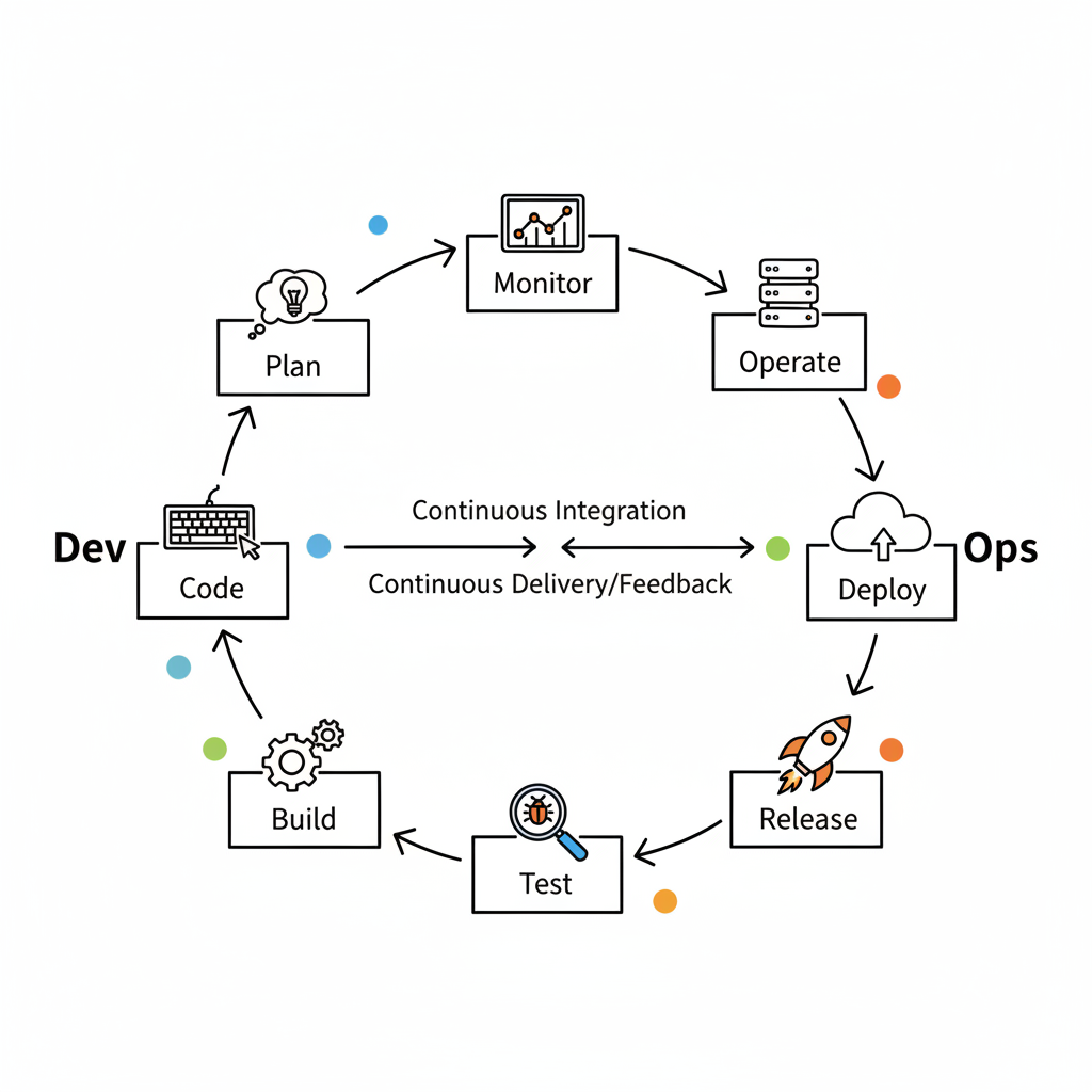 A hand-drawn diagram illustrating a DevOps methodology flow, showing iterative development, operations, and user interaction.