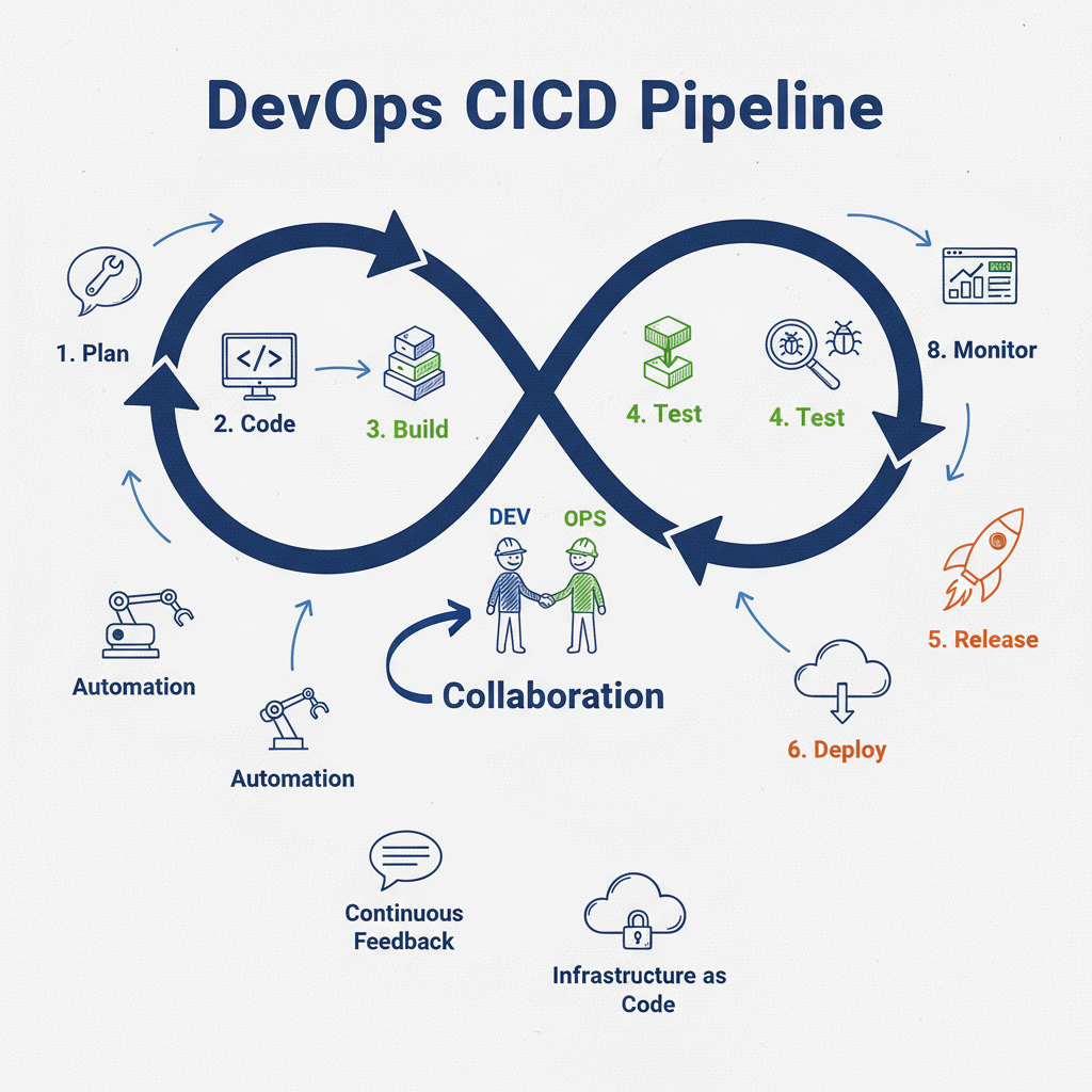 Flow diagram illustrating Core DevOps Principles: Customer feedback informs the Team, leading to continuous Improvement.