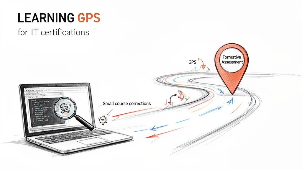 Diagram illustrating a 'Learning GPS' for IT certifications with course corrections and 'Formative Assessment' as the destination.