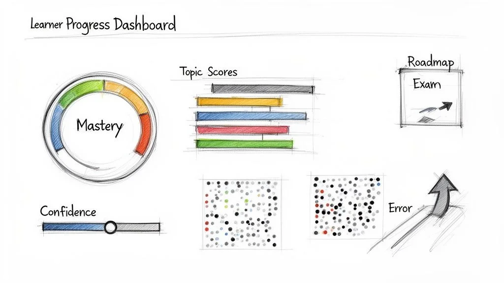 A sketched learner progress dashboard displaying mastery, topic scores, confidence, roadmap, and error metrics.