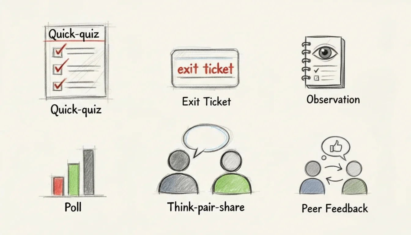 Six icons illustrating formative assessment strategies: quick-quiz, exit ticket, poll, think-pair-share, sample, and a magnifying glass.
