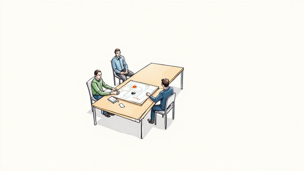 A team of professionals collaborating in a modern office, using sticky notes on a glass wall to simulate a planning exercise.