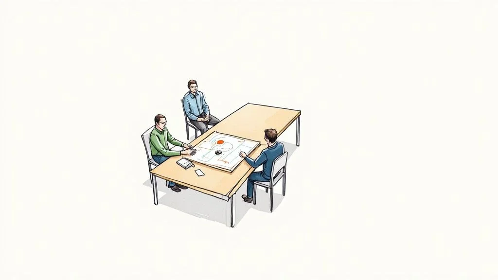 A group of professionals working together around a table, collaborating on a security plan with laptops and documents.