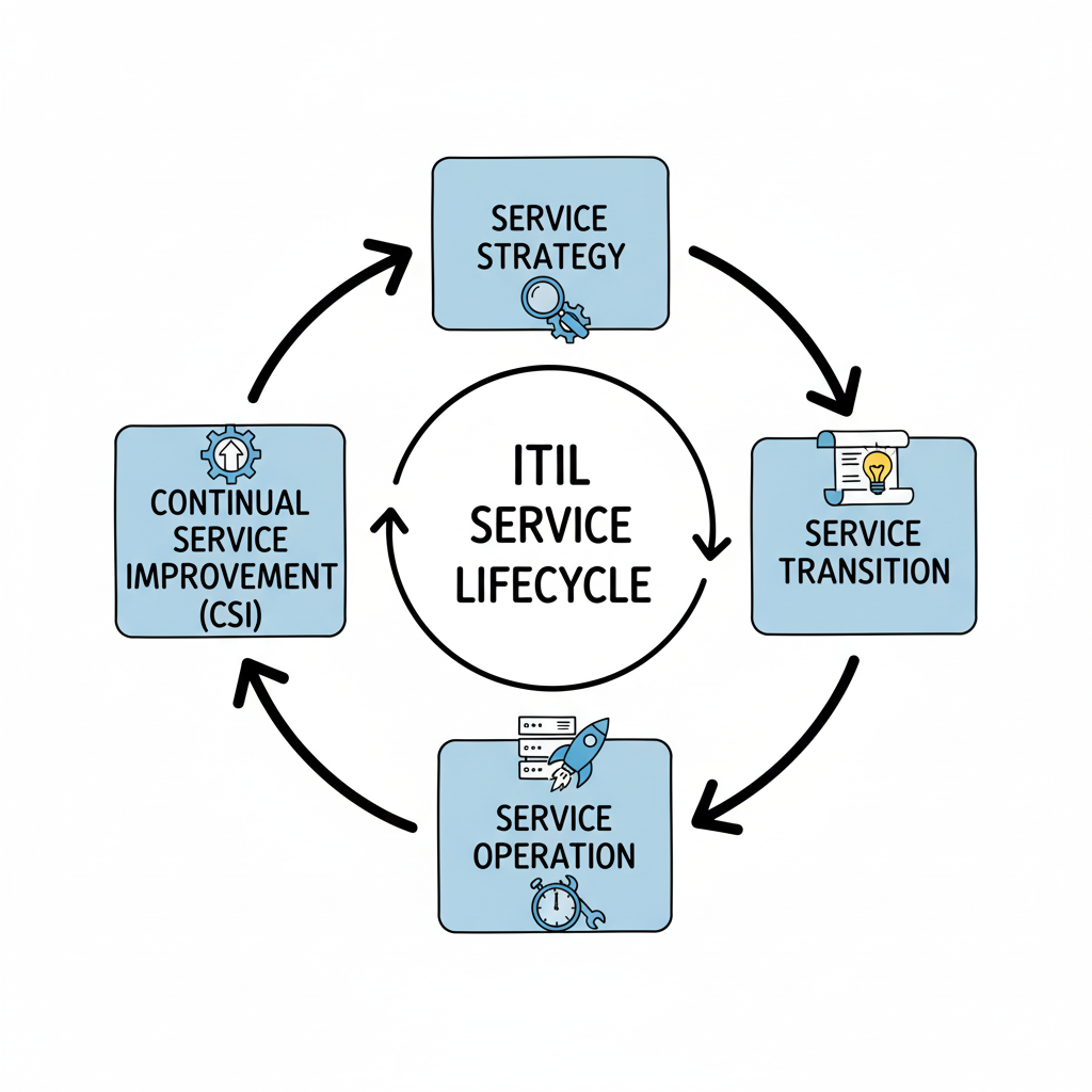 A balanced diagram showing four interconnected quadrants, representing the holistic approach of the Four Dimensions of ITIL.