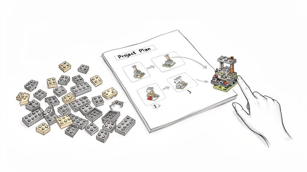 A hand follows a project plan to build a small structure from scattered building blocks.