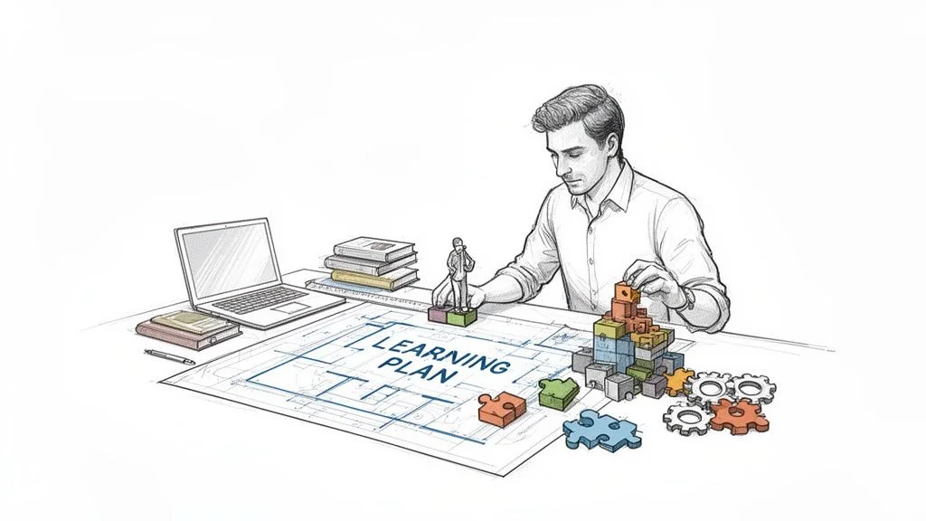 A man builds with colorful blocks on a 'Learning Plan' blueprint, surrounded by books and a laptop, symbolizing self-directed learning.