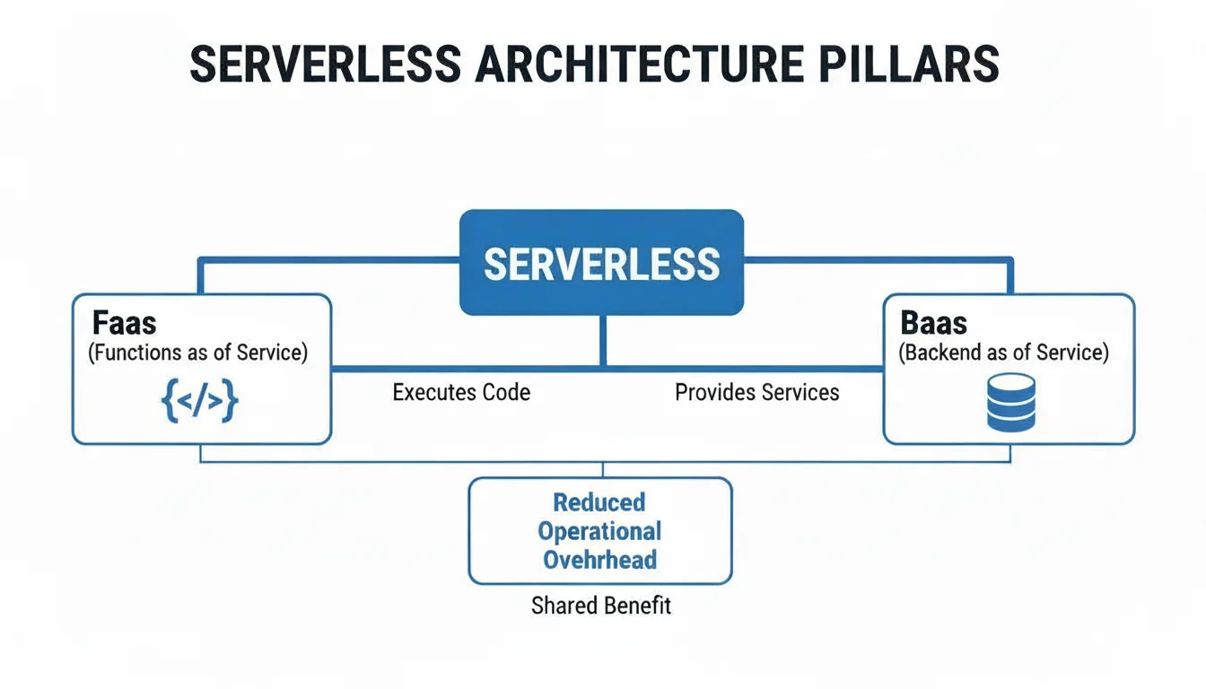 Diagram illustrating serverless architecture pillars, including Functions as a Service (FaaS) and Backend as a Service (BaaS).