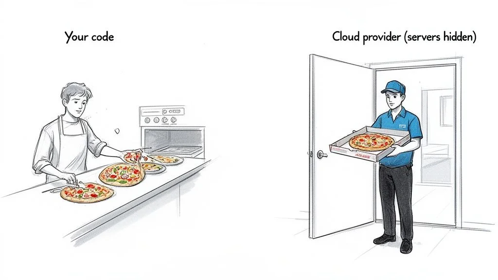 An illustration comparing a chef making pizzas (your code) to a cloud provider delivering a pizza.