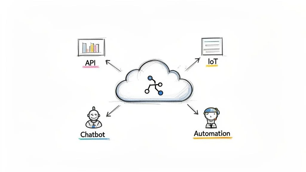 A diagram illustrates serverless computing, showing a cloud icon at the center integrating with API, IoT, Chatbot, and Automation.