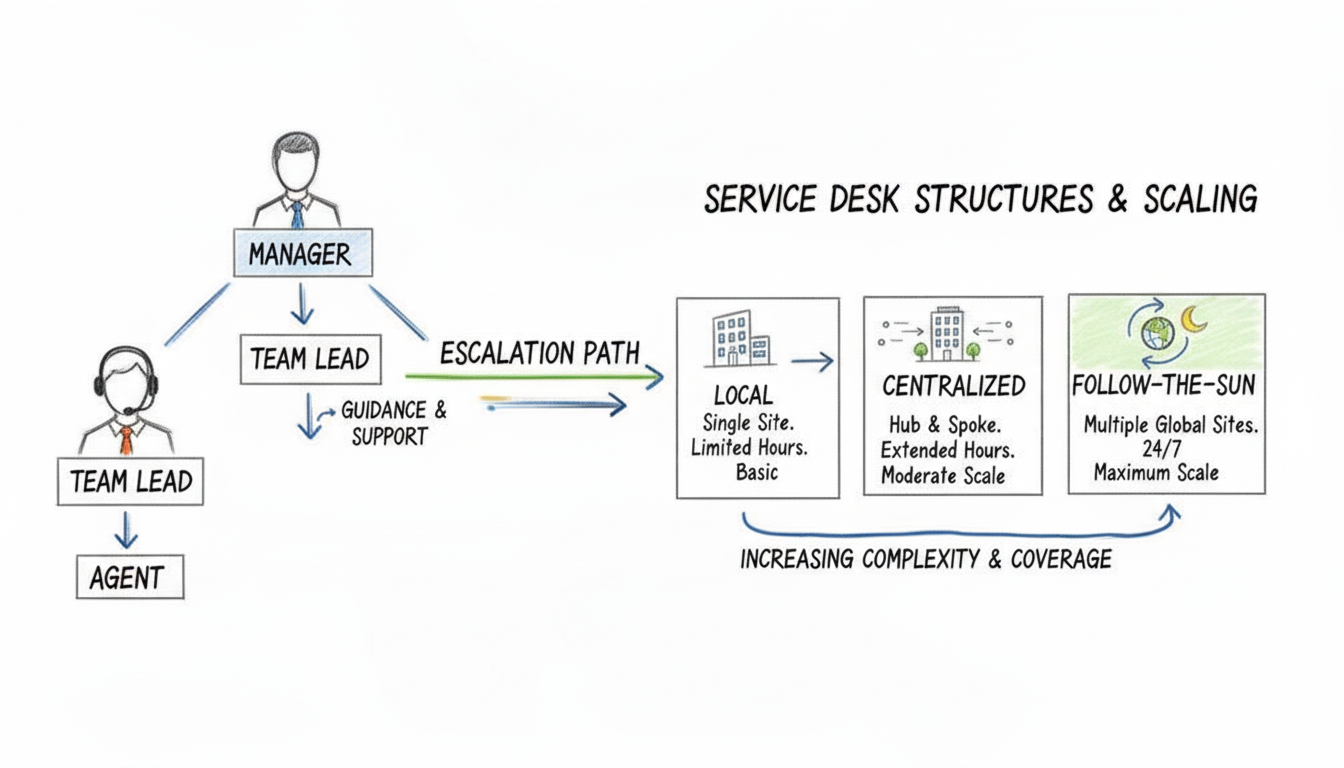 Hand-drawn illustrations depicting agent, team lead, manager roles, scaling, and various service desk management models.