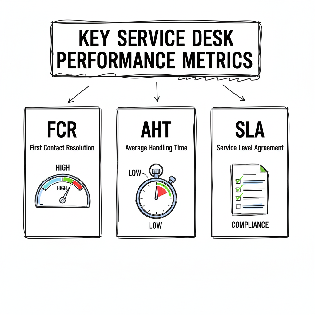 Illustrations showing a FCR gauge, AHT stopwatch, and SLA checklist for service desk management metrics.