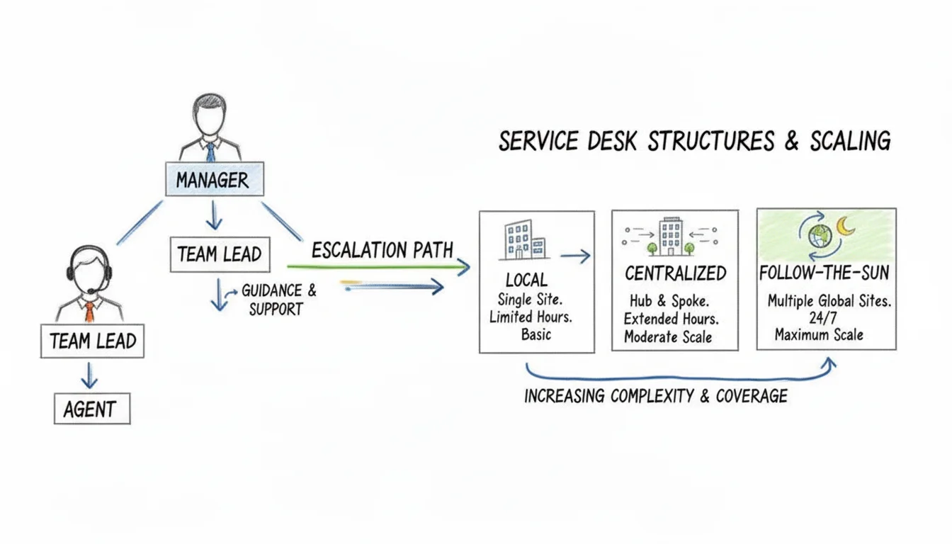 A service desk process flow diagram showing user reporting, SPOC assessment, and IT department resolution.