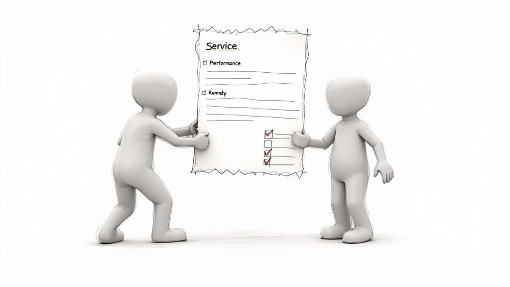 Two 3D stick figures hold a document titled 'Service' with 'Performance' and 'Remedy' sections, showcasing a completed checklist.