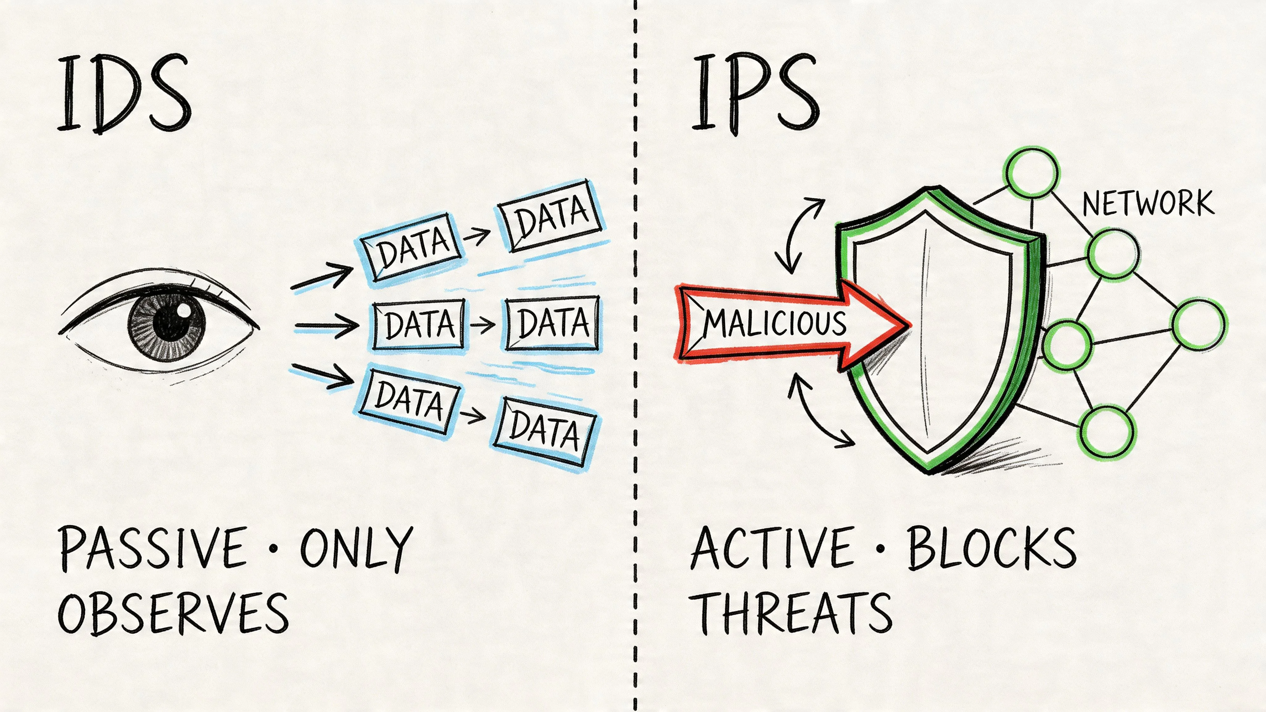 IDS observing data and IPS blocking threats.