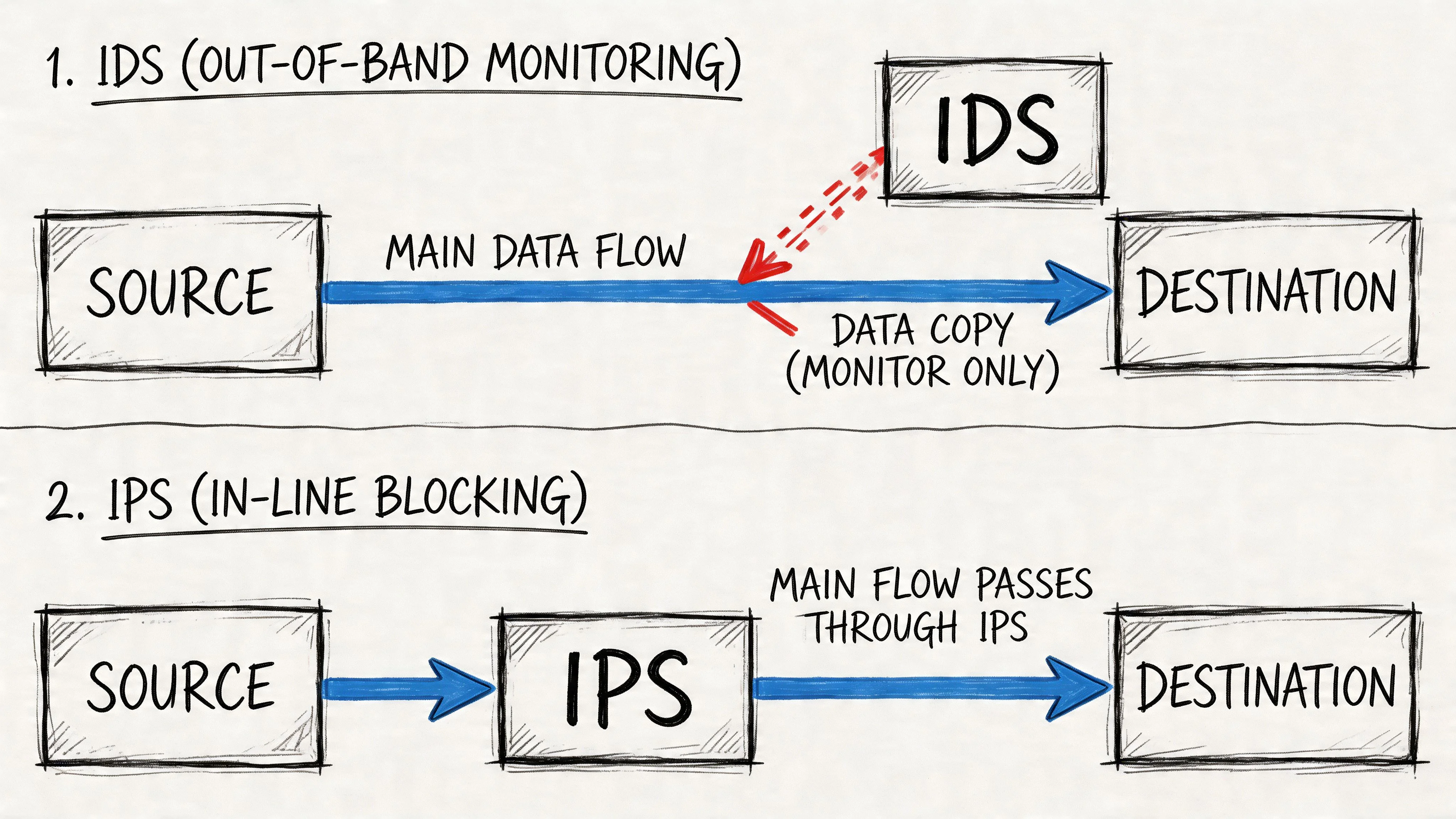 Diagram showing IDS out-of-band monitoring vs IPS inline blocking.