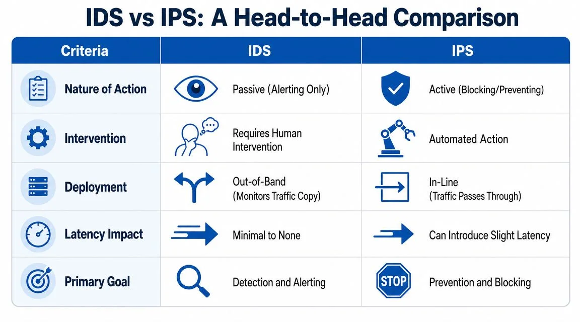 Table comparing IDS and IPS core features.