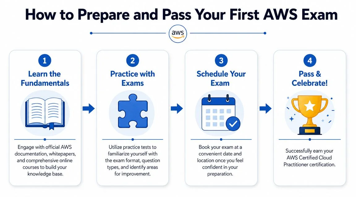 Infographic detailing four steps to prepare for an AWS Cloud certification exam.