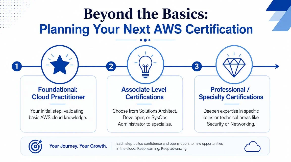 Visual guide to the three levels of AWS certification progression.