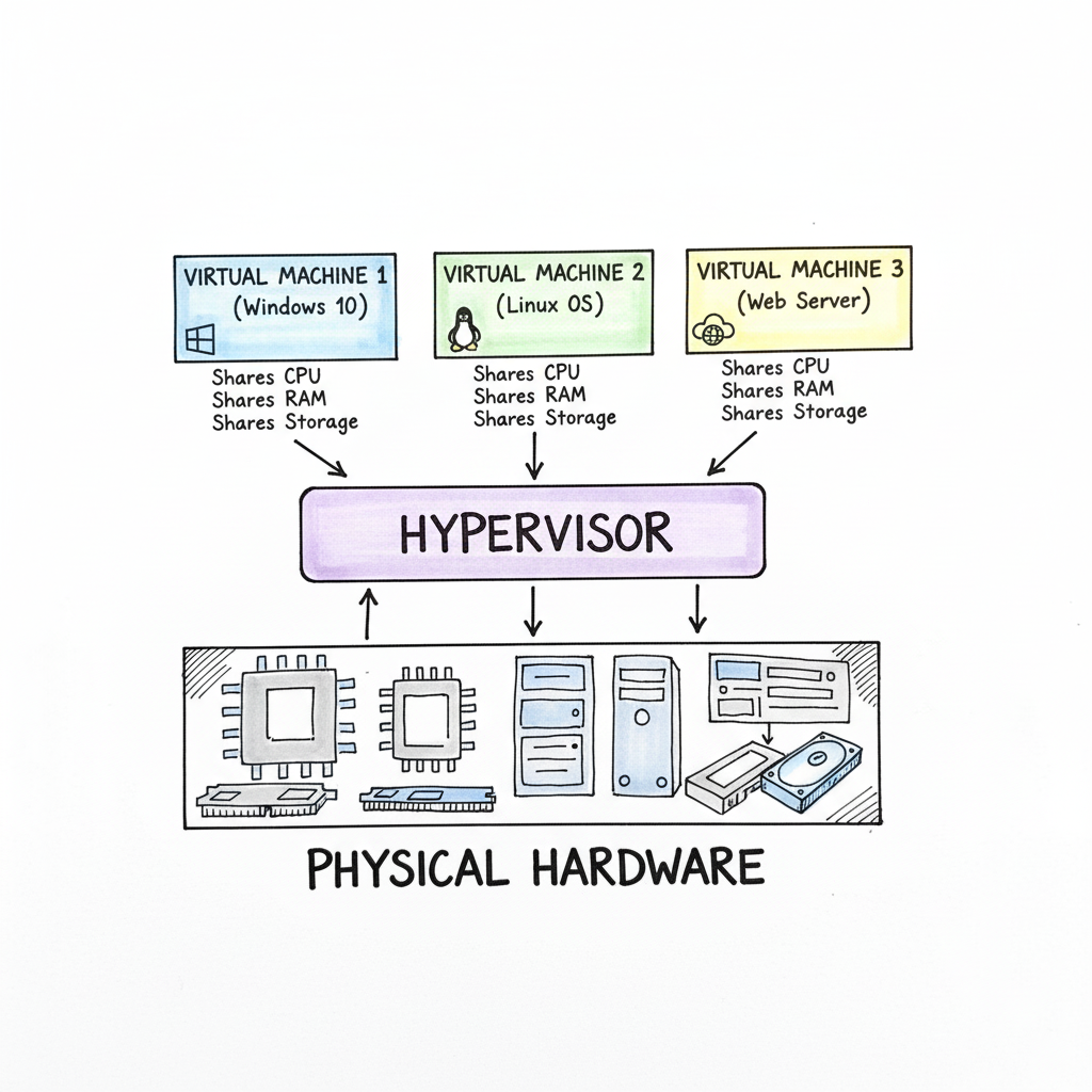 A person works at a desk by three server stacks labeled CPU allocation, RAM, and cloud.