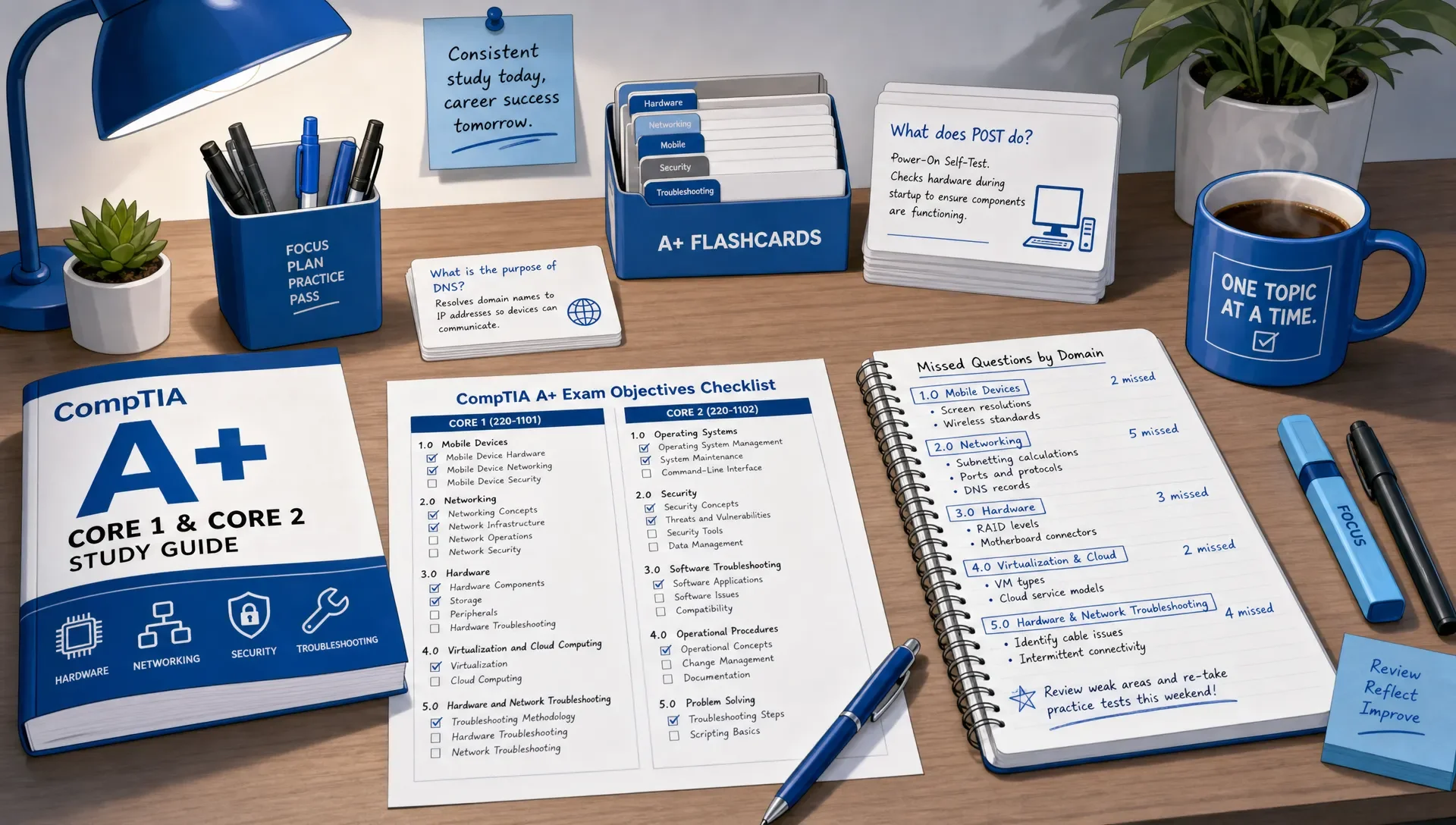 An organized study table with flashcards, a printed checklist of CompTIA A+ Core 1 and Core 2 topics, and handwritten notes grouping missed questions by domain.