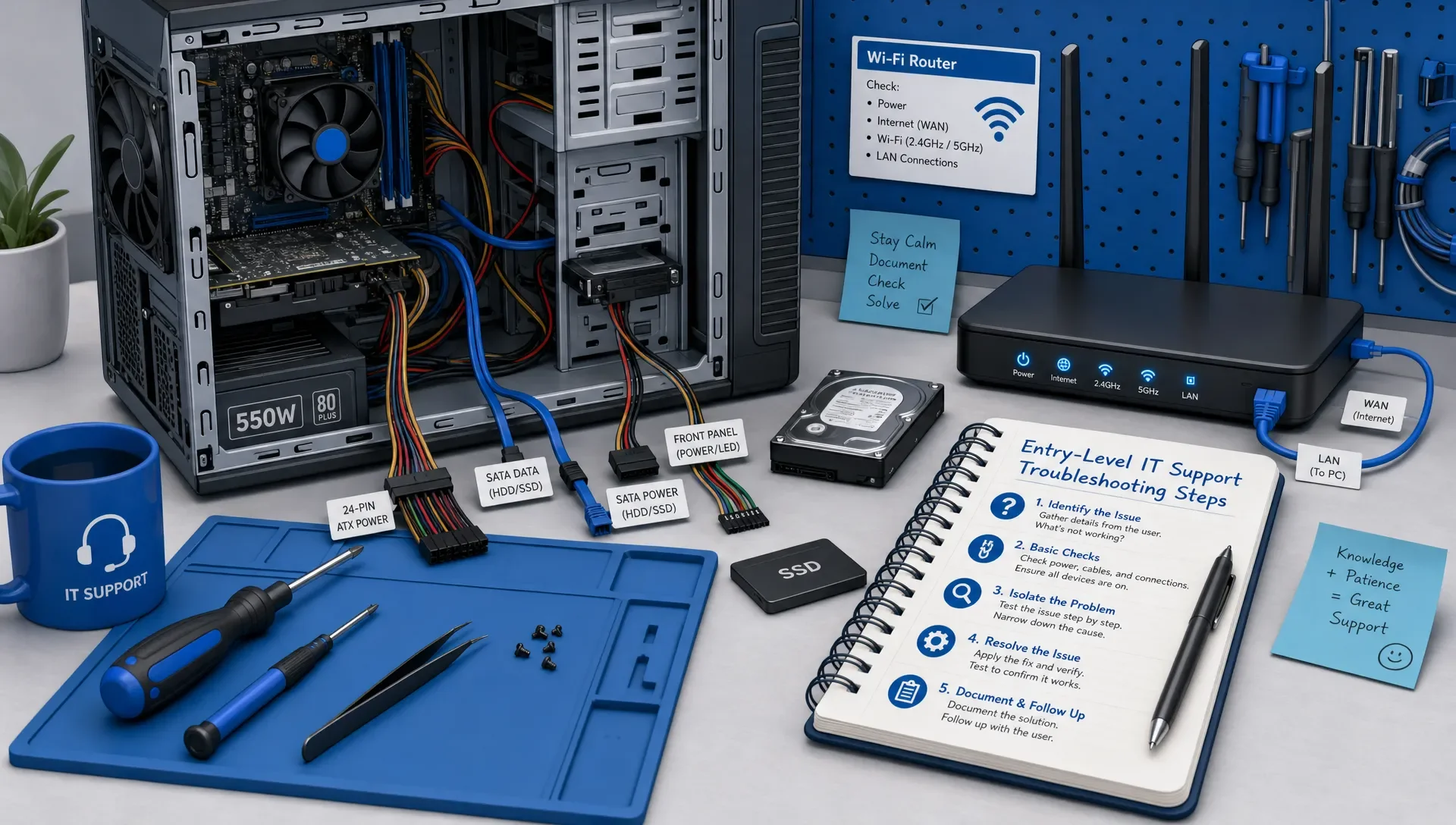 A close-up troubleshooting bench with a disassembled desktop computer, labeled cables, a Wi-Fi router, and a notebook showing support steps for an entry-level IT scenario.