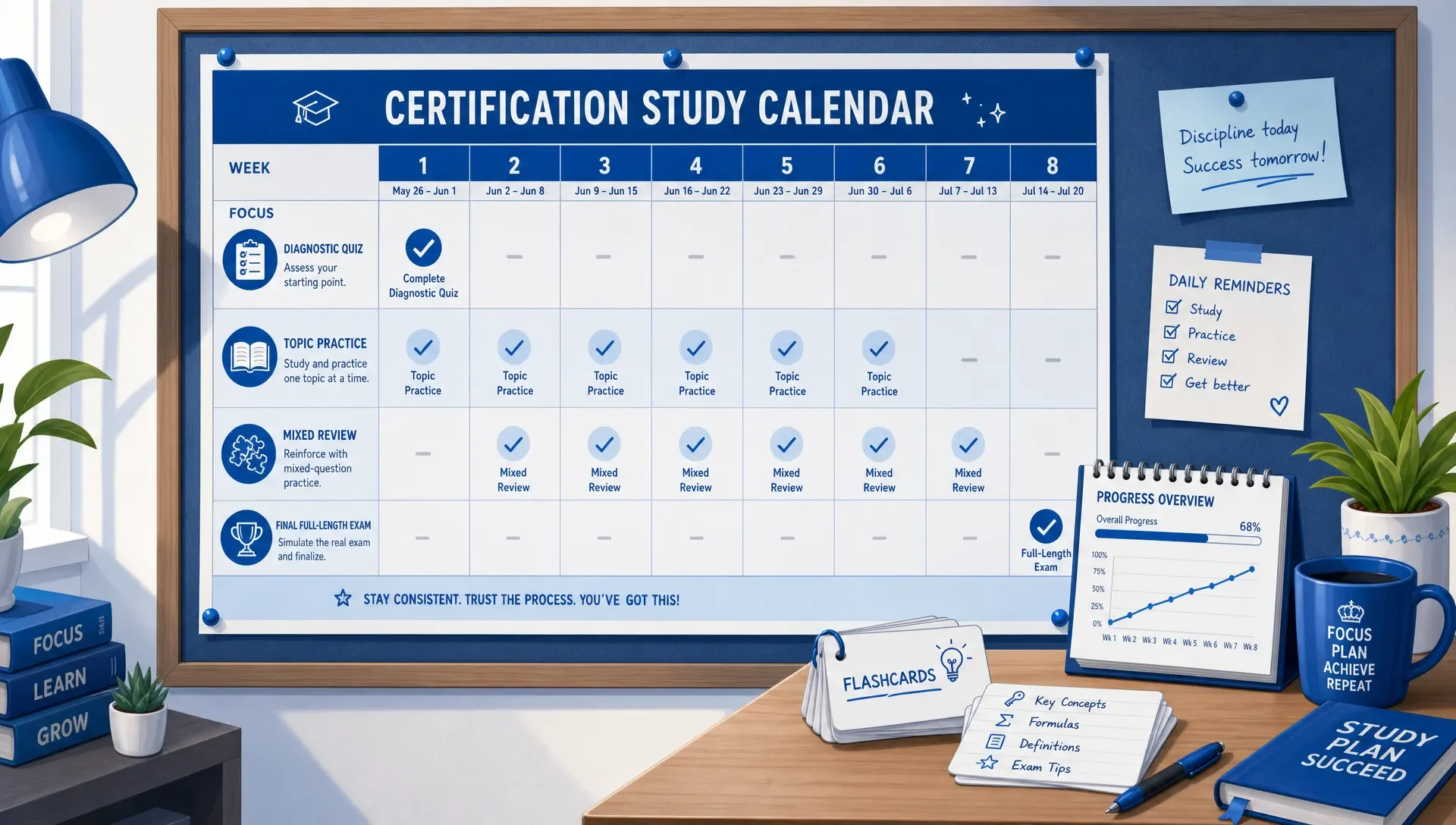 Study calendar showing practice test checkpoints.